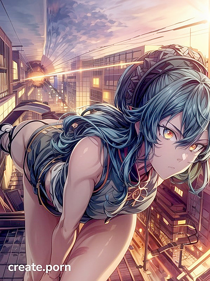 Cityscape Devoured by Nature - Serious-faced Girl 18+ Amidst Fiery Explosions and Lush Vegetation Hentai
