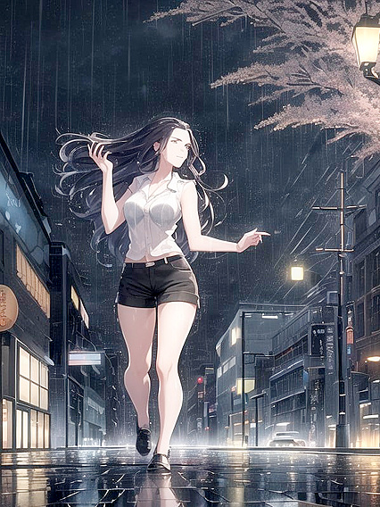 Neon-Covered Cityscape - Pedestrian Steps Reflect in Puddles During Intense Hentai AI Image