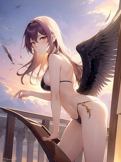 Soaring Through Twilight Skies - Her Feathers Glow in the Sunset During Sensual Hentai Flight