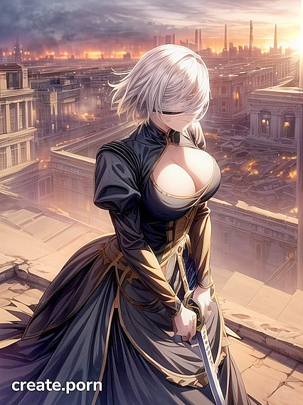 Sword-Wielding Warrior Navigates Dark Cityscape for Intense Hentai Pleasure