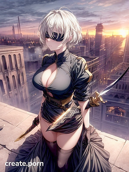 Girl 18+ Exploring Rooftops Amid City Ruins in Steamy Hentai AI Image
