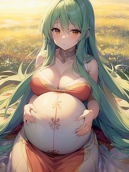 Ethereal Pregnant Woman in Flowing Dress Glows with Seductive Light in Hentai Hentai AI Image