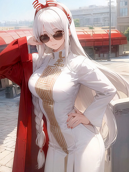 Seductive White-Haired Babe with Small Braid and Sunglasses Tops Hentai AI Image