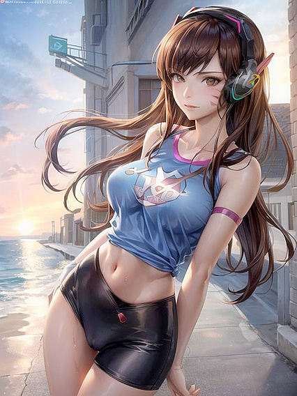 Neon Pink Glow Enhances Her Features withMech Tattoo in Seductive Sunset Hentai AI Image