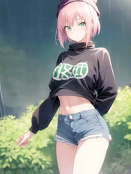 Freckled Girl 18+ in Green Clothes and Oversized Hoodie Honda Hentai AI Image