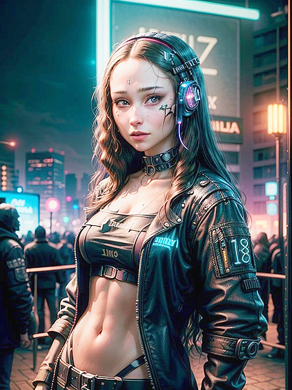 Mona Lisa in a Neon-Drenched Cyberpunk City for mind-blowing Hentai AI Image