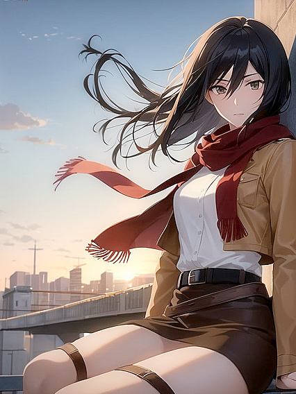 Mikasa's Serene Sunset Stare - Calm Composure in Military Gear Amidst Chaotic Beauty