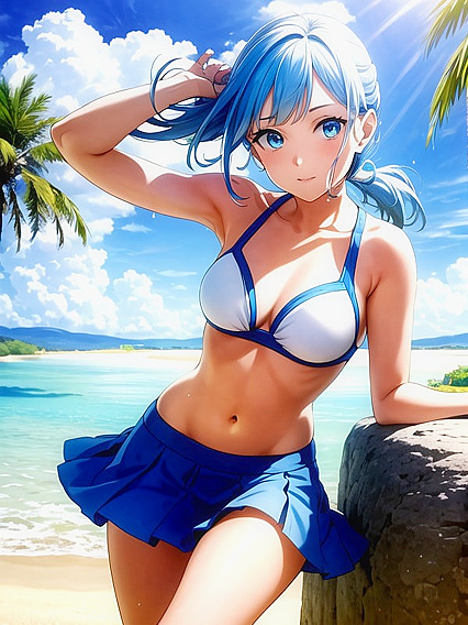 Summer Fun - Girl 18+ in White and Blue Bikini Plays Seductively in hentai Fantasy