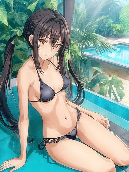Black-Haired Beauty in Bikini Dives into Pool for steamy Hentai Fun