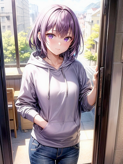 Skinny Girl 18+ in Jeannes Shorts Wallpapered for steaming Hentai AI Image