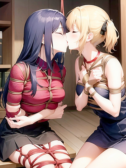 Eyes-Closed Lesbian Kisses Intensify in Sensual Shibari Hentai AI Image