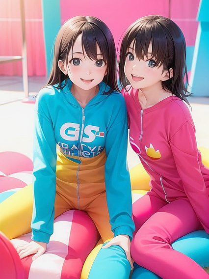 Two Girl 18+s in Adorable Onesies Share Sweet Kisses in a Colorful Playful World