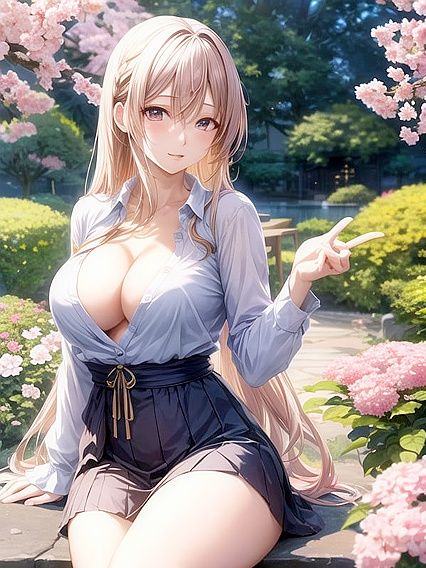 Anime Girl 18+ Poses Respectfully Amidst Flower Garden for Sensual Hentai Pleasure