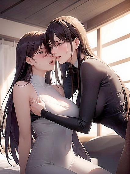 Two Girl 18+s in Tight Clothes Locked in a Passionate Kiss, Intense Facial Expressions in Hentai Hentai AI Image
