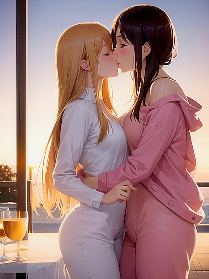Two Girl 18+s in Cozy Onesies Enjoying Passionate Moments Under the Sunset in hentai Hentai AI Image