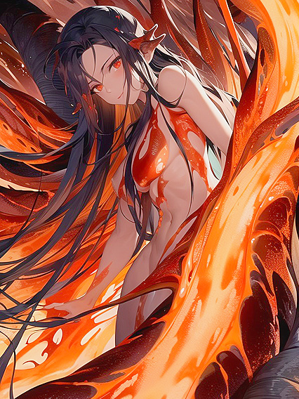 Volcanic Goddess with Lava-Skin Patterns Seduces Amidst Molten Flames