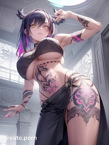 Glowing-Eyed Babe with Perfect Curves in Wallpaper-Sized Hentai AI Image