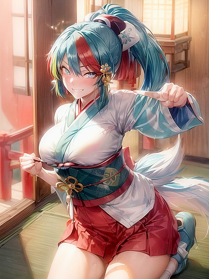 Gorgeous Hentai AI Porn - Bright Blue Glowing Eyes and Dark Green Short Ponytail