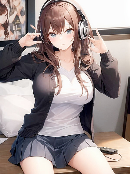 Waifu Enjoying Casual Fun at Home with Music Posters and Vinyl Collection