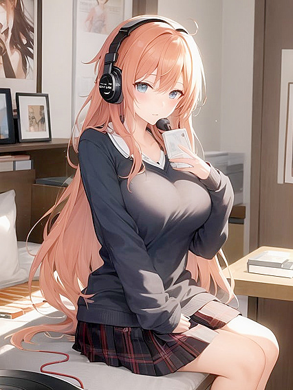 SchoolGirl 18+ 18+Waifu Lost in Ecstatic Pleasure While Listening to Music with Big Headphones