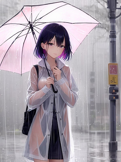 Standing Under a Colorful Umbrella in the Rain for Sexy Hentai Pleasure