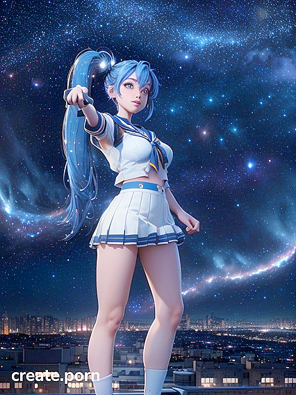 Blue-Haired Girl 18+ in Sailor Uniform Poses Seductively Among City Lights and Stars
