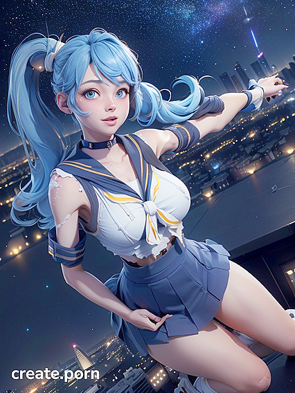 Blue-Eyed Girl 18+ in Sailor Uniform Dances Under the Starlit Cityscape