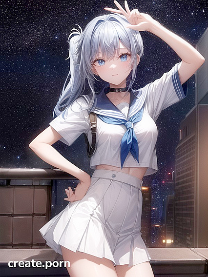 Blue-Haired Beauty in Tattered School Uniform Stares at the Starlit Cityscape