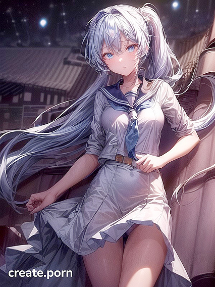 Shooting Star Skyline Fantasy - Blue-Eyed Girl 18+ in Sailor Uniform Stares at Night skyscrapers