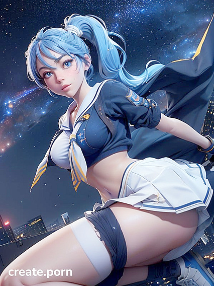 Blue-Eyed Girl 18+ in Sailor Uniform Dances Among City Lights and Stars
