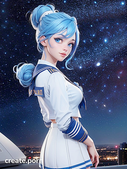Blue-Eyed Girl 18+ in School Uniform Stares at Star-Studded Skyline