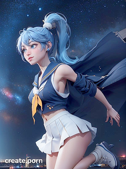Blue-Haired Girl 18+ in Sailor Uniform Dances Amidst Starlit Cityscape at Night