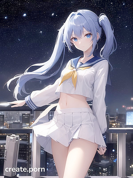 Girl 18+ with Very Blue Hair and Blue Eyes in Torn School Uniform Stands by Skyscrapers Under Starry Sky