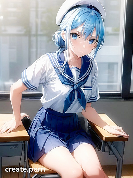Light Blue-Haired Beauty Takes It All In A Sensual Sitting Position Hentai AI Image