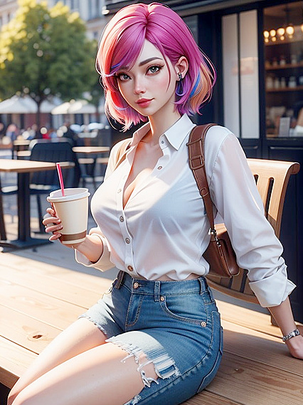 Woman with Colorful Hair in Transparent White Shirt Enjoying a Sunny Day Hentai Pleasure