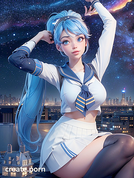 Blue-Eyed Girl 18+ in Sailor Uniform Dances Amidst Cityscape Under Starlit Night Sky