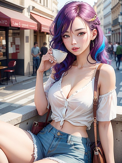 Paris Sips Coffee in Seductive Short Jeans for Steamy Hentai Pleasure