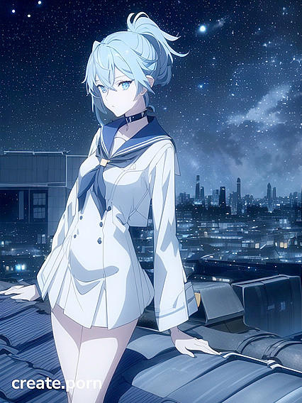 with Blue Eyes and Teal Hair in Torn Uniform Stares at Starlit Cityscape