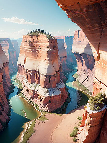 Vibrant Vegetation and Birds of Prey Amidst canyon Rivulets in Seductive Hentai AI Image