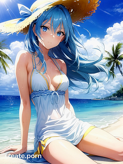 Aquatic Blue-Haired Beauty in a Beach Fantasy Stares Seductively at You