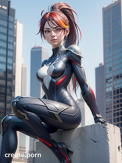 Standing Tall in Open Clothes Amidst Skyscrapers for Erotic hentai Pleasure