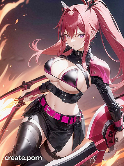 Seductive Warrior in Skin-Tight Leather Armor Wields Fiery Scythe in Vibrant Hentai Fantasy