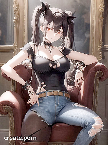 Goth Girl 18+ with Pigtails and Bows Dominates on Throne in Tattered Outfit Hentai AI Image