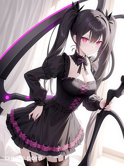 Gothic Goth Girl 18+ with Pink Pigtails Wields Scythe in Bedroom Hentai Fantasy