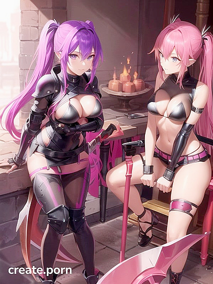 Kneeling Elf with Pink and Purple Pigtails Wears Tight Leather Bikini Armor for Hentai Pleasure