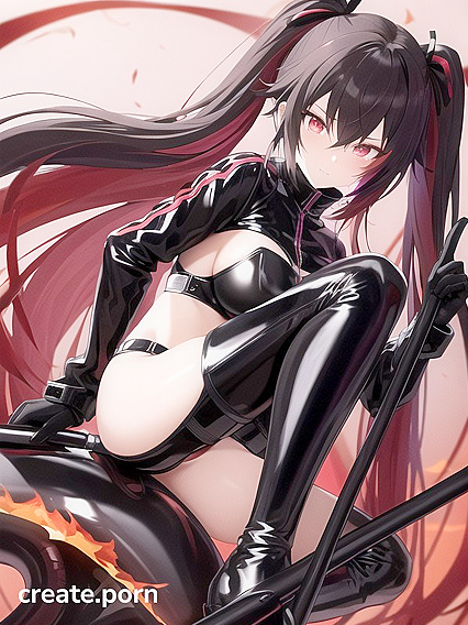 Girl 18+ in Skin-Tight Black Latex Wields Fiery Scythe with Colorful Pigtails in Hentai AI Image