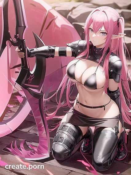 Drow Elf in Skin-Tight Leather Bikini Armor Pleasured by Pink-Purple Pigtails and Fiery Scythe