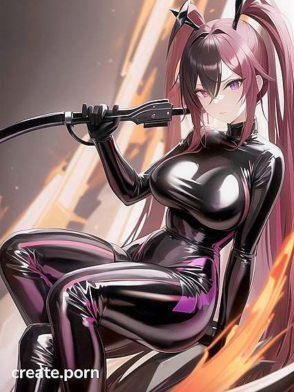 Knee-Horny Girl 18+ in Skin-Tight Black Latex Wields Fiery Scythe and Colorful Pigtails