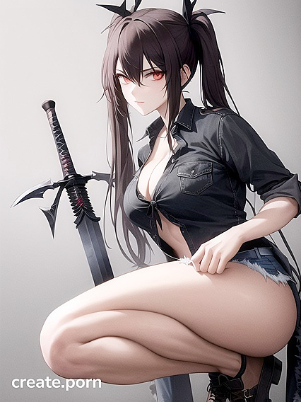 Goth Girl 18+ with Pigtails and Bows Rips Shirt and Jeans in Flamboyant Hentai AI Image