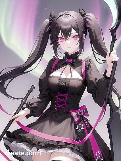 Goth Girl 18+ in Gothic Dress Wields Scythe Amidst Northern Lights Busty Hentai AI Image